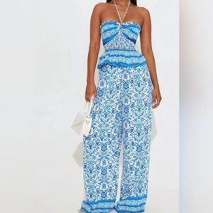 Fashion Nova Blue and White Wide Leg Jumpsuit